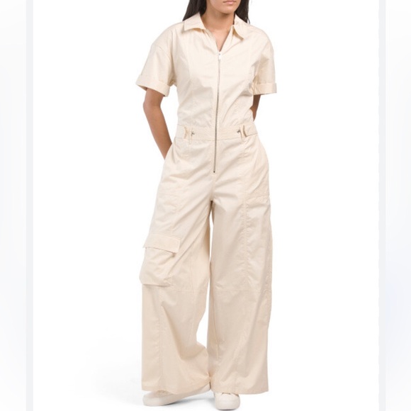 Zara Pants - ZARA NWOT Women's Beige Cotton Cargo Utility Wide Leg Zip Jumpsuit